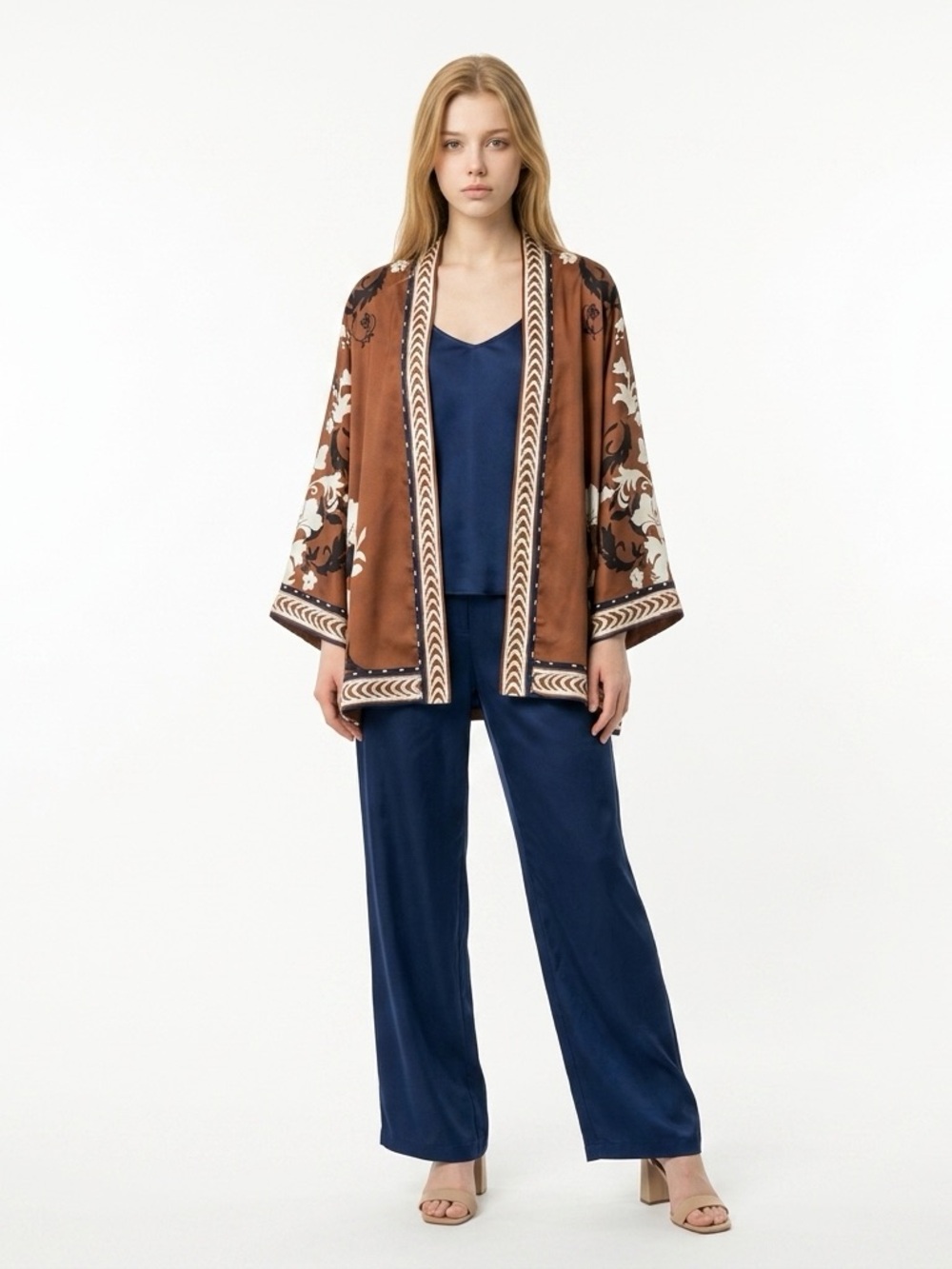 Chico's Brown Floral-Print Open Kimono with Navy Interior-Size L/XL - Picture 12 of 12